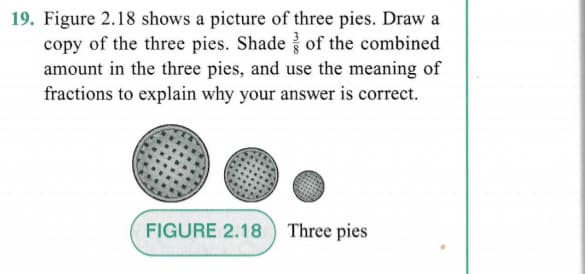 19. Figure 2.18 shows a picture of three pies. Draw a
copy of the three pies. Shade of the combined
amount in the three pies, and use the meaning of
fractions to explain why your answer is correct.
FIGURE 2.18) Three pies

