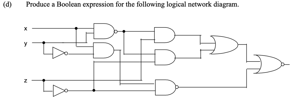 (d)
Produce a Boolean expression for the following logical network diagram.
y
N
