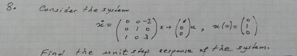 Consider the systenm
o o-21
x +
%3D
0 3
Frnel
the ennit s tep esponse of the system.
