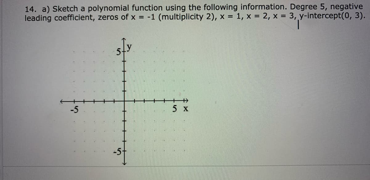 14. a) Sketch a polynomial function using the following information. Degree 5, negative
leading coefficient, zeros of x = -1 (multiplicity 2), x = 1, x = 2, x = 3, y-intercept(0, 3).
-5
5 x
