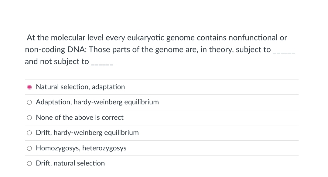 At the molecular level every eukaryotic genome contains nonfunctional or
non-coding DNA: Those parts of the genome are, in theory, subject to
and not subject to
Natural selection, adaptation
Adaptation, hardy-weinberg equilibrium
O None of the above is correct
O Drift, hardy-weinberg equilibrium
O Homozygosys, heterozygosys
O Drift, natural selection
