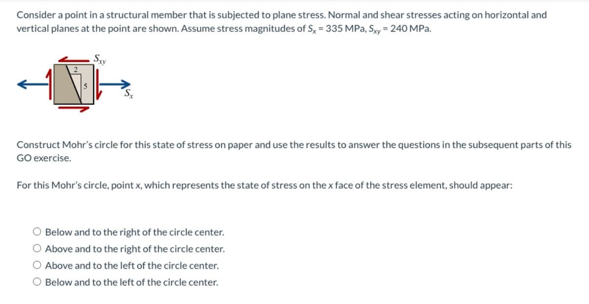 Consider a point in a structural member that is subjected to plane stress. Normal and shear stresses acting on horizontal and
%3D
vertical planes at the point are shown. Assume stress magnitudes of S, = 335 MPa, Sxy = 240 MPa.
Sxy
Construct Mohr's circle for this state of stress on paper and use the results to answer the questions in the subsequent parts of this
GO exercise.
For this Mohr's circle, point x, which represents the state of stress on the x face of the stress element, should appear:
Below and to the right of the circle center.
Above and to the right of the circle center.
Above and to the left of the circle center.
O Below and to the left of the circle center.
