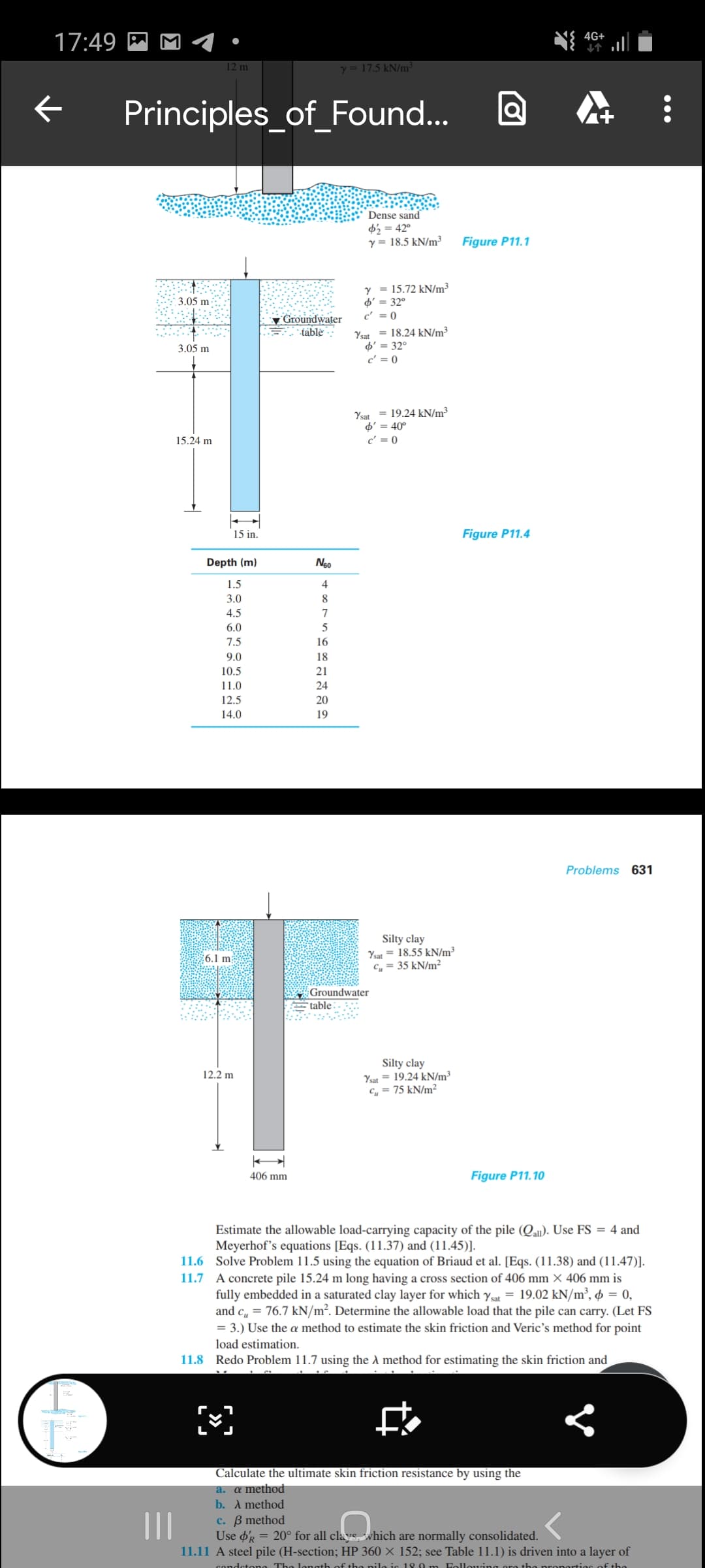 4G+
17:49 P
12 m
y = 17.5 kN/m³
Principles_of_Found..
Dense sand
4½ = 42°
y = 18.5 kN/m³
Figure P11.1
Y = 15.72 kN/m³
= 32°
c' = 0
3.05 m
▼ Groundwater
- táblė -:
Ysat = 18.24 kN/m³
d' = 32°
c' = 0
3.05 m
Ysat = 19.24 kN/m³
d' = 40°
15.24 m
c' = 0
15 in.
Figure P11.4
Depth (m)
Ngo
1.5
4
3.0
8.
4.5
7
6.0
7.5
16
9.0
18
10.5
21
11.0
24
12.5
20
14.0
19
Problems 631
Silty clay
Ysat = 18.55 kN/m³
C, = 35 kN/m²
6.1 m
Groundwater
table
Silty clay
Ysat = 19.24 kN/m³
Cu = 75 kN/m?
12.2 m
406 mm
Figure P11.10
Estimate the allowable load-carrying capacity of the pile (Qa). Use FS = 4 and
Meyerhof's equations [Eqs. (11.37) and (11.45)].
11.6 Solve Problem 11.5 using the equation of Briaud et al. [Eqs. (11.38) and (11.47)].
11.7 A concrete pile 15.24 m long having a cross section of 406 mm × 406 mm is
fully embedded in a saturated clay layer for which y sat = 19.02 kN/m³, ø = 0,
and c, = 76.7 kN/m². Determine the allowable load that the pile can carry. (Let FS
= 3.) Use the a method to estimate the skin friction and Veric's method for point
load estimation.
11.8 Redo Problem 11.7 using the A method for estimating the skin friction and
Calculate the ultimate skin friction resistance by using the
a. a method
b. A method
c. B method
Use o'g = 20° for all clays, which are normally consolidated.
11.11 A steel pile (H-section; HP 360 × 152; see Table 11.1) is driven into a layer of
condstone The langth of the nile is 18 0 m Follouing ore +he pronorties of the
