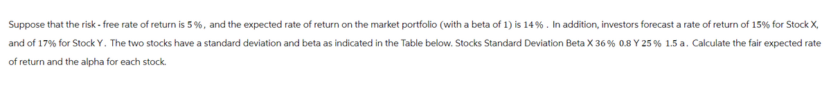 Suppose that the risk - free rate of return is 5%, and the expected rate of return on the market portfolio (with a beta of 1) is 14%. In addition, investors forecast a rate of return of 15% for Stock X,
and of 17% for Stock Y. The two stocks have a standard deviation and beta as indicated in the Table below. Stocks Standard Deviation Beta X 36 % 0.8 Y 25 % 1.5 a. Calculate the fair expected rate
of return and the alpha for each stock.