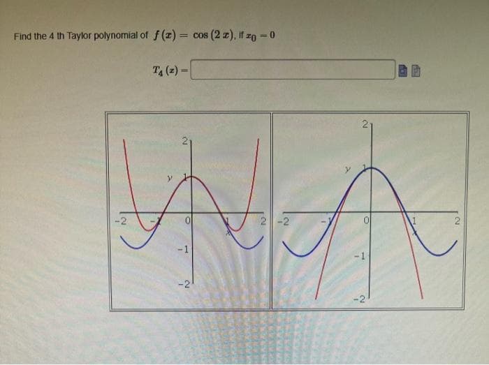 Find the 4 th Taylor polynomial of f (2) =
T4 ( 2 ) =
N
cos (2z). If zg = 0
N
-2
13
4
10