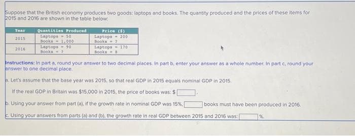 Suppose that the British economy produces two goods: laptops and books. The quantity produced and the prices of these items for
2015 and 2016 are shown in the table below.
Year
2015
2016
Quantities Produced
Laptops 50
Books 1,000
Laptops 90
Books ?
Price ($)
Laptopa
Books 7
Laptops 170
Books B
200
Instructions: In part a, round your answer to two decimal places. In part b, enter your answer as a whole number. In part c, round your
answer to one decimal place.
a. Let's assume that the base year was 2015, so that real GDP in 2015 equals nominal GDP in 2015.
If the real GDP in Britain was $15,000 in 2015, the price of books was: $[
b. Using your answer from part (a), if the growth rate in nominal GDP was 15% | books must have been produced in 2016.
Using your answers from parts (a) and (b), the growth rate in real GDP between 2015 and 2016 was:
%