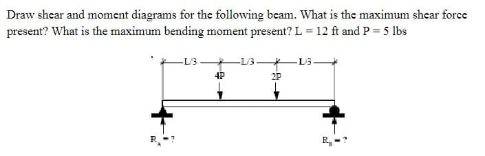 Draw shear and moment diagrams for the following beam. What is the maximum shear force
present? What is the maximum bending moment present? L = 12 ft and P = 5 lbs
R₁ =?
-L/3
4P
-L/3
2P
--
L3
R