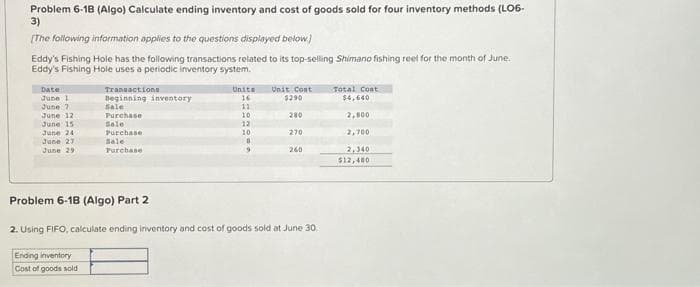 Problem 6-18 (Algo) Calculate ending inventory and cost of goods sold for four inventory methods (LO6-
3)
[The following information applies to the questions displayed below)
Eddy's Fishing Hole has the following transactions related to its top-selling Shimano fishing reel for the month of June.
Eddy's Fishing Hole uses a periodic inventory system.
Date
June 1
June 71
June 12
June 15
June 24
June 27
June 29
Transactions
Beginning inventory
Ending inventory
Cost of goods sold
Sale
Purchase
Sale
Purchase
Sale
Purchase
Unita Unit Cost
16
$290
11
10
280
12
10
0
9
270
260
Problem 6-18 (Algo) Part 2
2. Using FIFO, calculate ending inventory and cost of goods sold at June 30
Total Cost
$4,640
2,800
2,700
2,340
$12,400