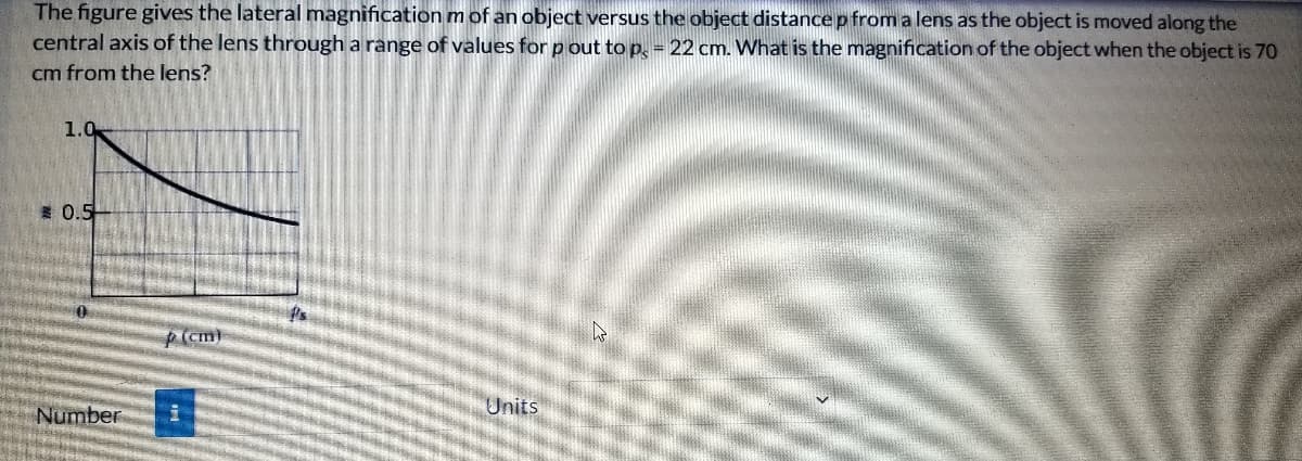 The figure gives the lateral magnification mof an object versus the object distance p from a lens as the object is moved along the
central axis of the lens through a range of values for p out to p, = 22 cm. What is the magnification of the object when the object is 70
cm from the lens?
1.0
0.5
P's
p (cm)
Units
Number
