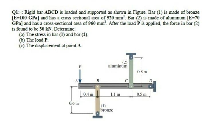 Ql: : Rigid bar ABCD is loaded and supported as shown in Figure. Bar (1) is made of bronze
[E-100 GPa] and has a cross sectional area of 520 mm. Bar (2) is made of aluminum [E=70
GPa] and has a cross-sectional area of 960 mm?. After the load P is applied, the force in bar (2)
is found to be 30 kN. Determine:
(a) The stress in bar (1) and bar (2).
(b) The load P.
(c) The displacement at point A.
(2)
aluminum
0.8 m
B
0.4 m
1.1 m
0.5 m
0.6 m
(1)
bronze
