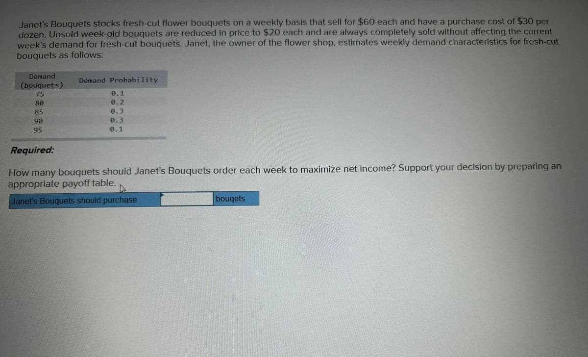 Janet's Bouquets stocks fresh-cut flower bouquets on a weekly basis that sell for $60 each and have a purchase cost of $30 per
dozen. Unsold week-old bouquets are reduced in price to $20 each and are always completely sold without affecting the current
week's demand for fresh-cut bouquets. Janet, the owner of the flower shop, estimates weekly demand characteristics for fresh-cut
bouquets as follows:
Demand
(bouquets)
75
80
85
90
95
Demand Probability
0.1
0.2
0.3
0.3
0.1
Required:
How many bouquets should Janet's Bouquets order each week to maximize net income? Support your decision by preparing an
appropriate payoff table.
Janet's Bouquets should purchase
bouqets