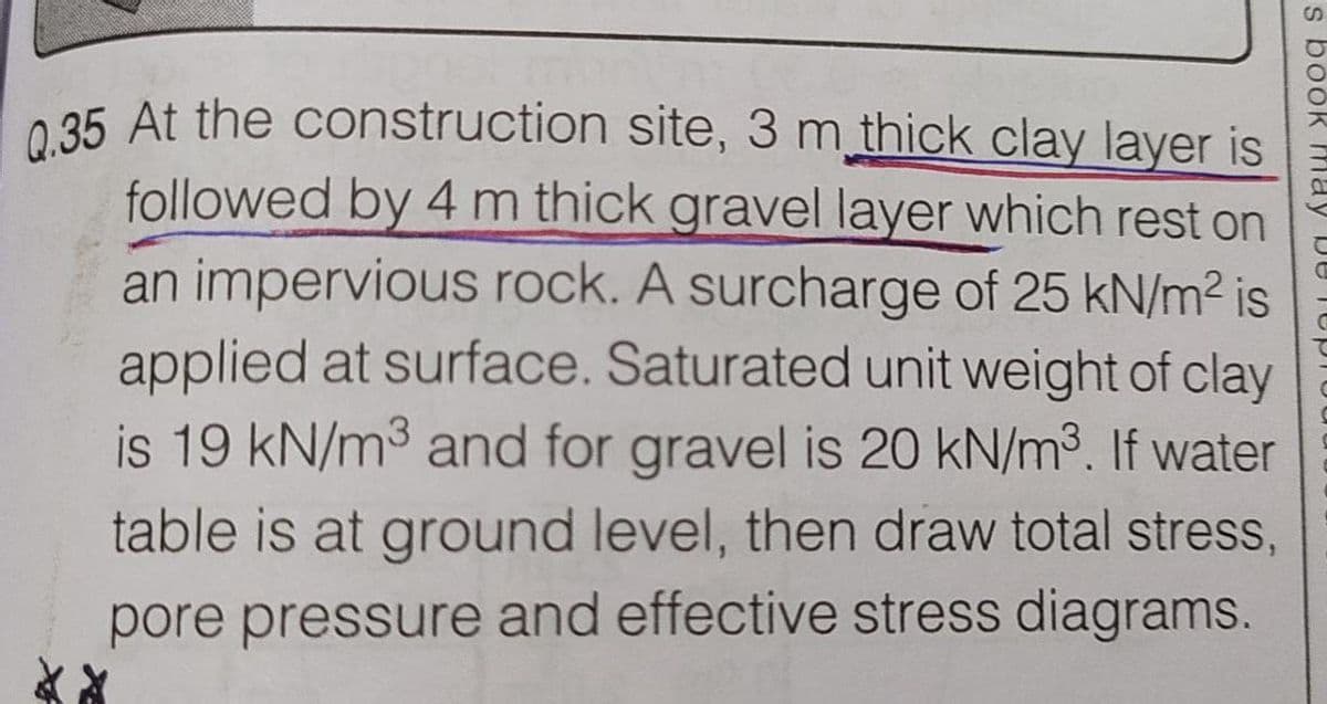 Q.35 At the construction site, 3 m thick clay layer is
035 At the construction site, 3 m thick clay layer is
followed by 4 m thick gravel layer which rest on
an impervious rock. A surcharge of 25 kN/m2 is
applied at surface. Saturated unit weight of clay
is 19 kN/m3 and for gravel is 20 kN/m3. If water
table is at ground level, then draw total stress,
pore pressure and effective stress diagrams.
s boök may
