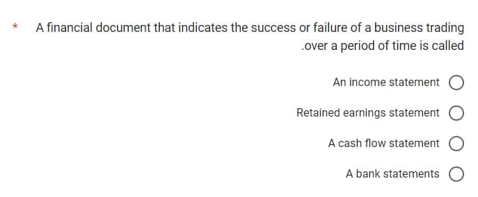 *
A financial document that indicates the success or failure of a business trading
over a period of time is called
An income statement O
Retained earnings statement O
A cash flow statement
A bank statements O