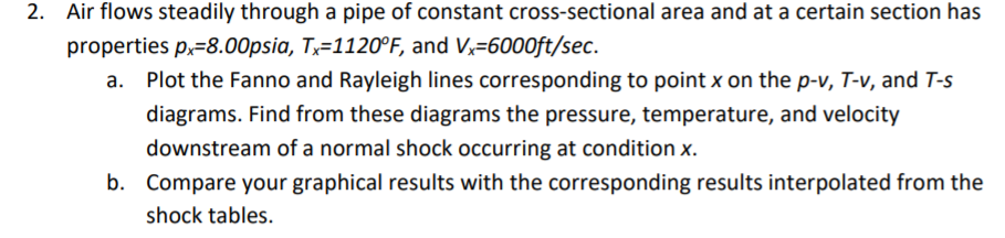 2. Air flows steadily through a pipe of constant cross-sectional area and at a certain section has
properties p,=8.00psia, Tx=1120°F, and Vx=6000ft/sec.
Plot the Fanno and Rayleigh lines corresponding to point x on the p-v, T-v, and T-s
diagrams. Find from these diagrams the pressure, temperature, and velocity
downstream of a normal shock occurring at condition x.
b. Compare your graphical results with the corresponding results interpolated from the
shock tables.
