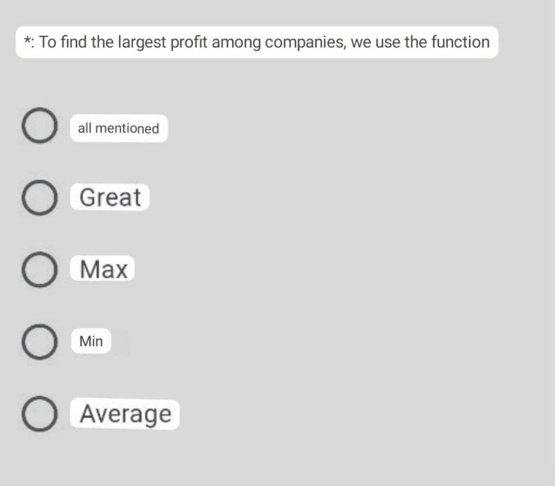 *: To find the largest profit among companies, we use the function
all mentioned
Great
Max
Min
Average
