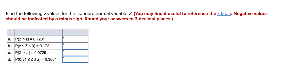 Find the following z values for the standard normal variable Z. (You may find it useful to reference the z table. Negative values
should be indicated by a minus sign. Round your answers to 3 decimal places.)
a. P(Zsz) = 0.1231
b. P(zsZs 0) = 0.172
P(Z >z ) = 0.9729
d. P(0.31 sZs z) = 0.3604
C.
%3D
