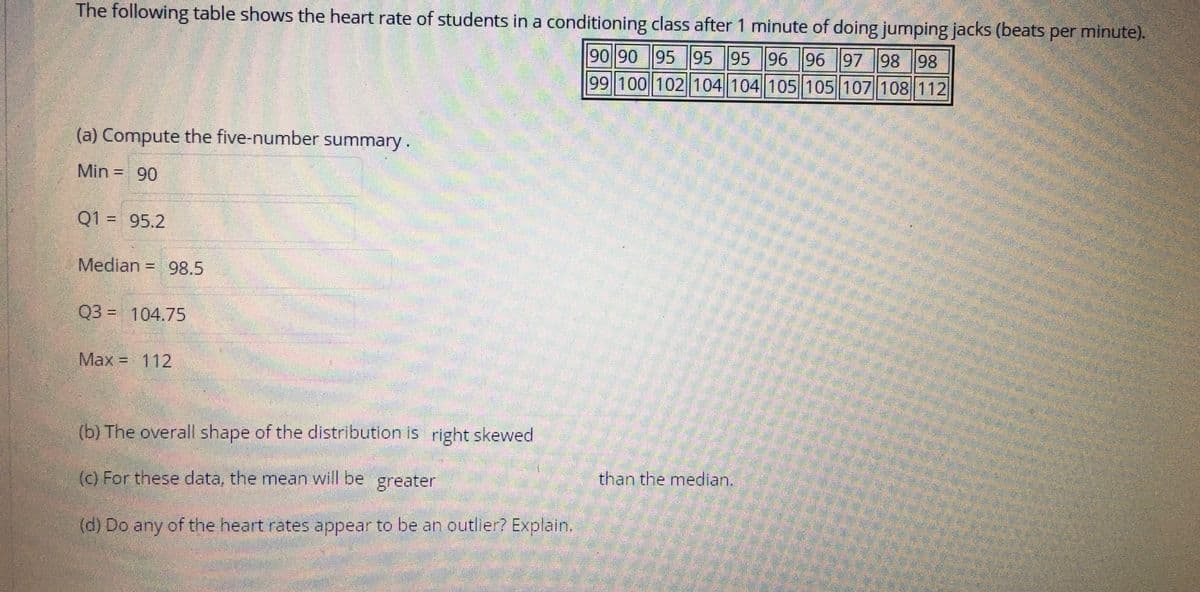 The following table shows the heart rate of students in a conditioning class after 1 minute of doing jumping jacks (beats per minute).
90 90 ||95 95 95 |96 96 97 |98 98
99 100 102104| 104 105|105 107 108 112
(a) Compute the five-number summary.
Min = 90
06%3D
Q1 = 95.2
%3D
Median
98.5
%3D
Q3 = 104.75
%3D
Max = 112
%3D
(b) The overall shape of the distribution is right skewed
(c) For these data, the mean will be greater
than the median.
(d) Do any of the heart rates appear to be an outller? Explain.
