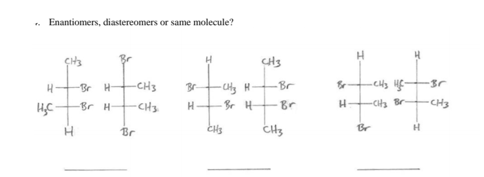 Enantiomers, diastereomers or same molecule?
Br
CH3
-CHs Hf-
-CHz H Br
Br H Br
H
-Br H-
-CH3
Br-
Br
-Br
H,C
Br H
CH3 Br-
-CH3
CH3
Br
CH3
CH3
Br
H
