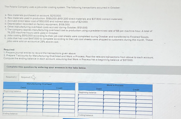 The Polaris Company uses a job-order costing system. The following transactions occurred in October:
a. Raw materials purchased on account, $210,000.
b. Raw materials used in production, $189,000 ($151,200 direct materials and $37,800 indirect materials).
c. Accrued direct labor cost of $50,000 and indirect labor cost of $21,000.
d. Depreciation recorded on factory equipment, $106,000.
e. Other manufacturing overhead costs accrued during October, $131.000.
f. The company applies manufacturing overhead cost to production using a predetermined rate of $8 per machine-hour. A total of
76.200 machine-hours were used in October.
g. Jobs costing $510,000 according to their job cost sheets were completed during October and transferred to Finished Goods.
h. Jobs that had cost $447,000 to complete according to their job cost sheets were shipped to customers during the month. These
jobs were sold on account at 28% above cost.
Required:
1. Prepare journal entries to record the transactions given above.
2. Prepare T-accounts for Manufacturing Overhead and Work in Process. Post the relevant transactions from above to each account.
Compute the ending balance in each account, assuming that Work in Process has a beginning balance of $37.000.
Complete this question by entering your answers in the tabs below.
Required 1
Required 2
Ending balance
Debit
Beginning balance
Manufacturing Overhead
Credit
Debit
Beginning balance
Ending balance
Work in Process
Credit