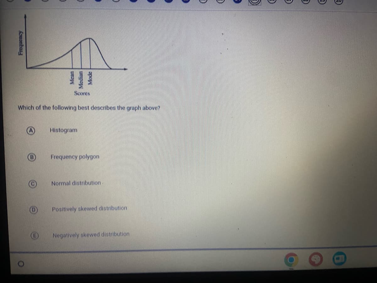 Frequency
Mean
Median
Mode
O
Scores
Which of the following best describes the graph above?
Histogram
Frequency polygon
Normal distribution
Positively skewed distribution
Negatively skewed distribution
D
G
€
D
E
t
E