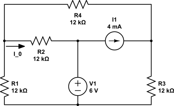 R4
11
12 kQ
4 mA
R2
12 ko
R1
V1
R3
12 kQ
6 V
12 kQ
+1
