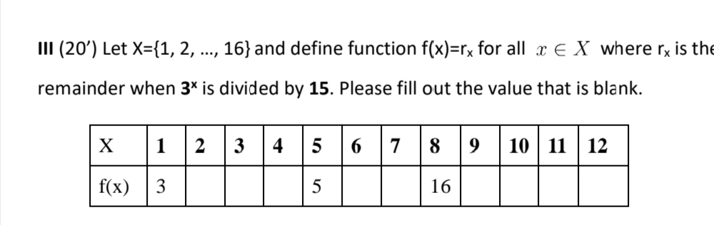 III (20') Let X={1, 2, ..., 16} and define function f(x)=rx for all x E X where ry is the
remainder when 3* is divided by 15. Please fill out the value that is blank.
|1 2 3 4 5 6 7 8 9 10 11 12
X
f(x) 3
16
