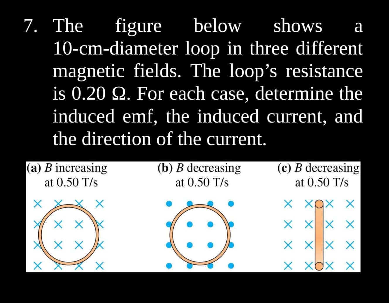 figure
10-cm-diameter
below shows a
loop in three different
magnetic fields. The loop's resistance
is 0.20 2. For each case, determine the
induced emf, the induced current, and
the direction of the current.
7. The
(a) B increasing
at 0.50 T/s
XX
X X
XXX K
X
(b) B decreasing
at 0.50 T/s
(c) B decreasing
at 0.50 T/s
х
хох х
X
X X X
X X X X
X
XOX X