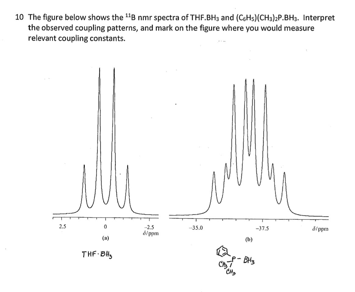 10 The figure below shows the ¹¹B nmr spectra of THF.BH3 and (C6H5)(CH3)2P.BH3. Interpret
the observed coupling patterns, and mark on the figure where you would measure
relevant coupling constants.
2.5
0
(a)
THF BH3
-2.5
8/ppm
-35.0
CHE CHO
(b)
-37.5
BH3
8/ppm