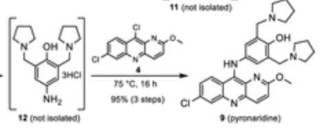 OH N
3HCI
NH₂
12 (not isolated)
as
75 °C, 16 h
95% (3 steps)
11 (not isolated)
HN
(pyronaridine)
OH