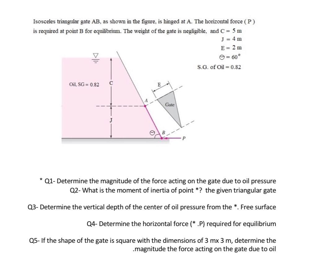 Isosceles triangular gate AB, as shown in the figure, is hinged at A. The horizontal force (P)
is required at point B for equilibrium. The weight of the gate is negligible, and C = 5 m
J = 4 m
E = 2 m
O= 60°
S.G. of Oil = 0.82
Oil, SG = 0.82
E
Gate
* Q1- Determine the magnitude of the force acting on the gate due to oil pressure
Q2- What is the moment of inertia of point *? the given triangular gate
Q3- Determine the vertical depth of the center of oil pressure from the *. Free surface
Q4- Determine the horizontal force (* .P) required for equilibrium
Q5- If the shape of the gate is square with the dimensions of 3 mx 3 m, determine the
.magnitude the force acting on the gate due to oil
D
