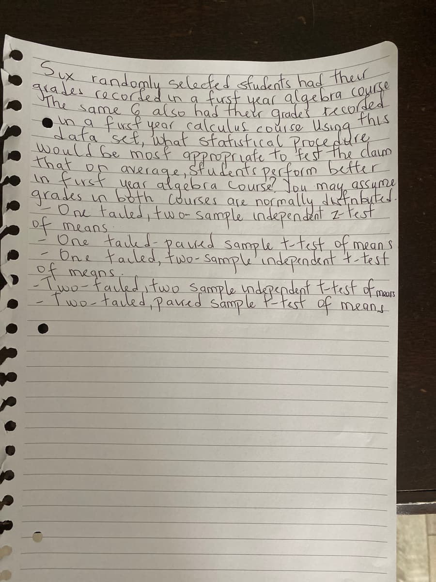 the same G also had ther Grades tecorde
Sux randomly selected sfudents had their
glades recorled in a furst year algebra
this
couise Using
data 'set, uhat statistical Proçepure
furst year calçulus
would be mosf appropriate to fest the claum
that on average studentspecform better
In first year algebra Course on nbutd.
Pscform
assume
grades in both Courses are normally
One tailed, two- sample independent z test
ot means
One taikd-
Sample t-test of means
- One tailed, two-sample'independent 4.test
paued
megns
Two-faced,two Sample yndepepdent Etest of maus
Two-tailed,paved sample Ptest of means
