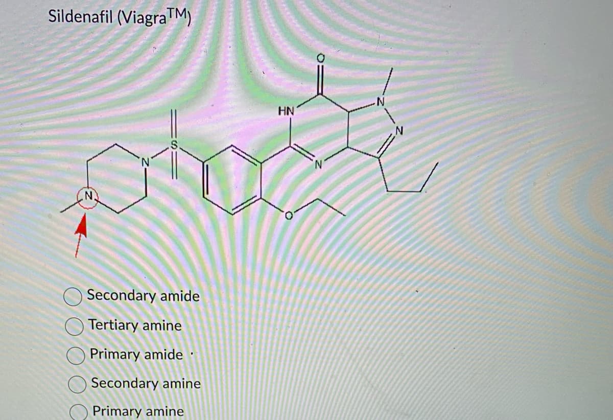 Sildenafil (ViagraTM)
Secondary amide
Tertiary amine
Primary amide.
Secondary amine
Primary amine
HN