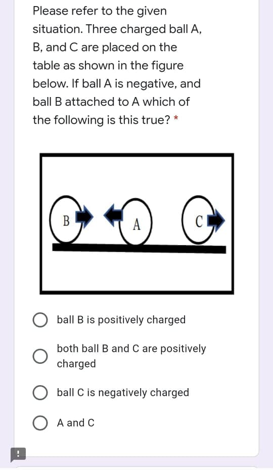 Please refer to the given
situation. Three charged ball A,
B, and C are placed on the
table as shown in the figure
below. If ball A is negative, and
ball B attached to A which of
the following is this true? *
B
A
ball B is positively charged
both ball B and C are positively
charged
ball C is negatively charged
A and C
