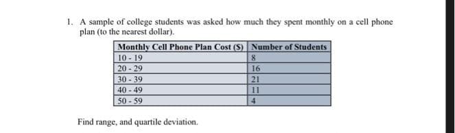 1. A sample of college students was asked how much they spent monthly on a cell phone
plan (to the nearest dollar).
Monthly Cell Phone Plan Cost (S) Number of Students
10-19
20-29
30-39
40-49
50-59
Find range, and quartile deviation.
8
16
21
11
4