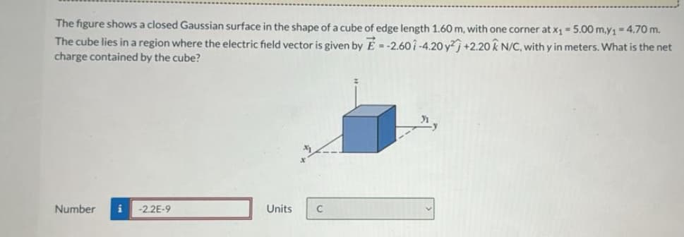 The figure shows a closed Gaussian surface in the shape of a cube of edge length 1.60 m, with one corner at x₁ - 5.00 m,y₁ = 4.70 m.
The cube lies in a region where the electric field vector is given by E= -2.601-4.20 y2 +2.20 kN/C, with y in meters. What is the net
charge contained by the cube?
Number i -2.2E-9
Units
C