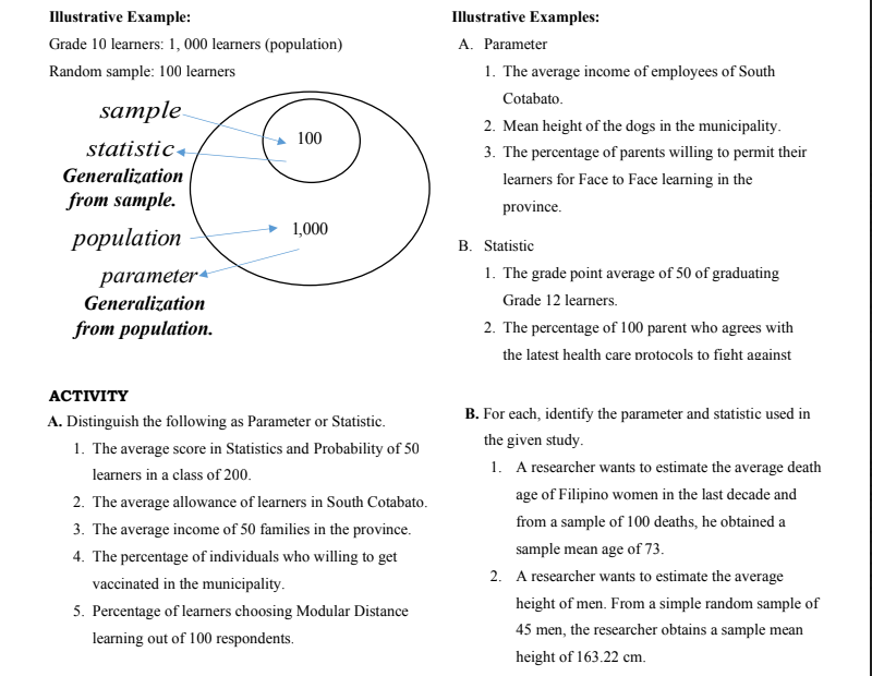 Illustrative Example:
Illustrative Examples:
Grade 10 learners: 1, 000 learners (population)
A. Parameter
Random sample: 100 learners
1. The average income of employees of South
Cotabato.
sample
2. Mean height of the dogs in the municipality.
100
statistic«
3. The percentage of parents willing to permit their
Generalization
learners for Face to Face learning in the
from sample.
province.
1,000
роpulation
B. Statistic
parameter
1. The grade point average of 50 of graduating
Generalization
Grade 12 learners.
from population.
2. The percentage of 100 parent who agrees with
the latest health care protocols to fight against
АСTIVITY
B. For each, identify the parameter and statistic used in
A. Distinguish the following as Parameter or Statistic.
the given study.
1. The average score in Statistics and Probability of 50
1. A researcher wants to estimate the average death
learners in a class of 200.
age of Filipino women in the last decade and
2. The average allowance of learners in South Cotabato.
from a sample of 100 deaths, he obtained a
3. The average income of 50 families in the province.
sample mean age of 73.
4. The percentage of individuals who willing to get
2. A researcher wants to estimate the average
vaccinated in the municipality.
height of men. From a simple random sample of
5. Percentage of learners choosing Modular Distance
45 men, the researcher obtains a sample mean
learning out of 100 respondents.
height of 163.22 cm.
