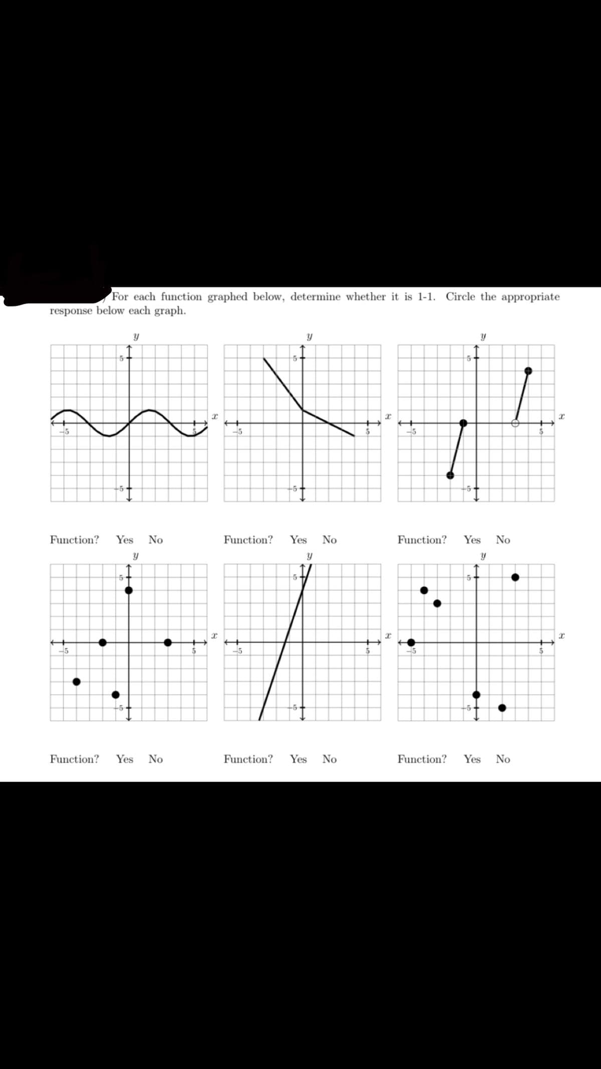 For each function graphed below, determine whether it is 1-1. Circle the appropriate
response below each graph.
-5
-5
Function?
Yes
No
Function?
Yes
No
Function?
Yes
No
-5
-5
-5
Function?
Yes
No
Function?
Yes
No
Function?
Yes
No
