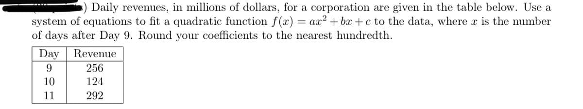 Daily revenues, in millions of dollars, for a corporation are given in the table below. Use a
system of equations to fit a quadratic function f (x) = ax² + bx +c to the data, where x is the number
of days after Day 9. Round your coefficients to the nearest hundredth.
Day
Revenue
256
10
124
11
292
