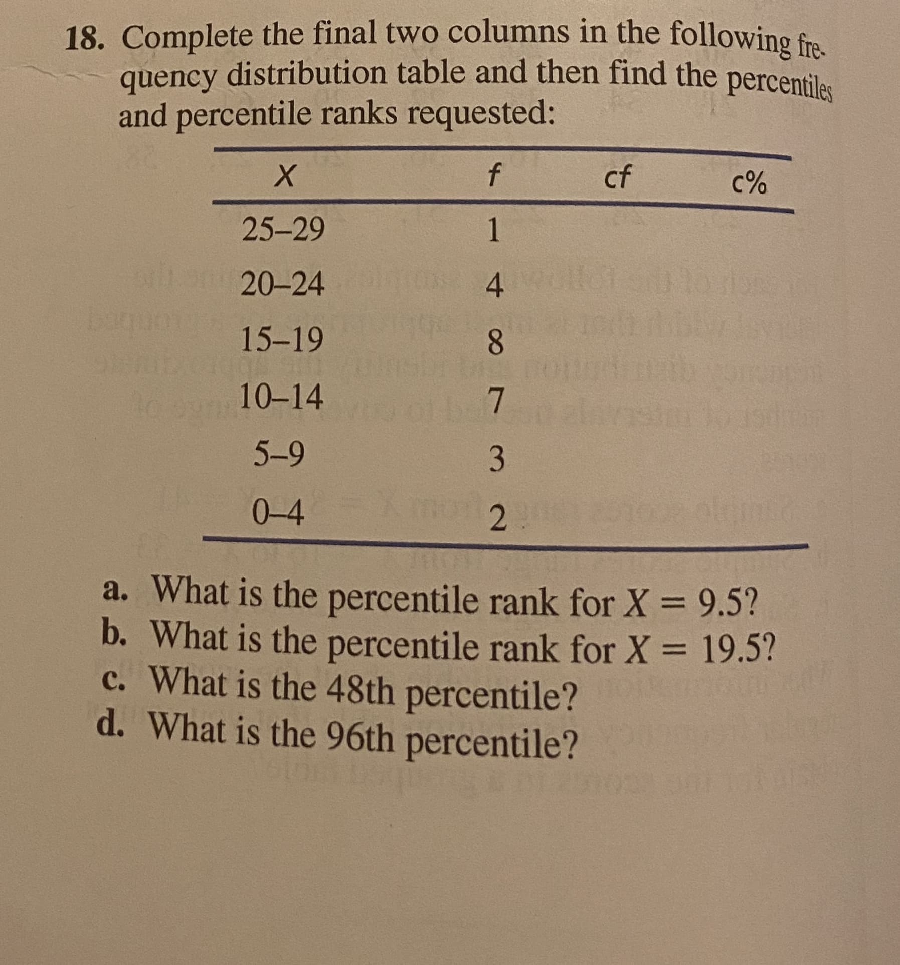 a. What is the percentile rank for X = 9.5?
b. What is the percentile rank for X = 19.5?
c. What is the 48th percentile?
%3D
