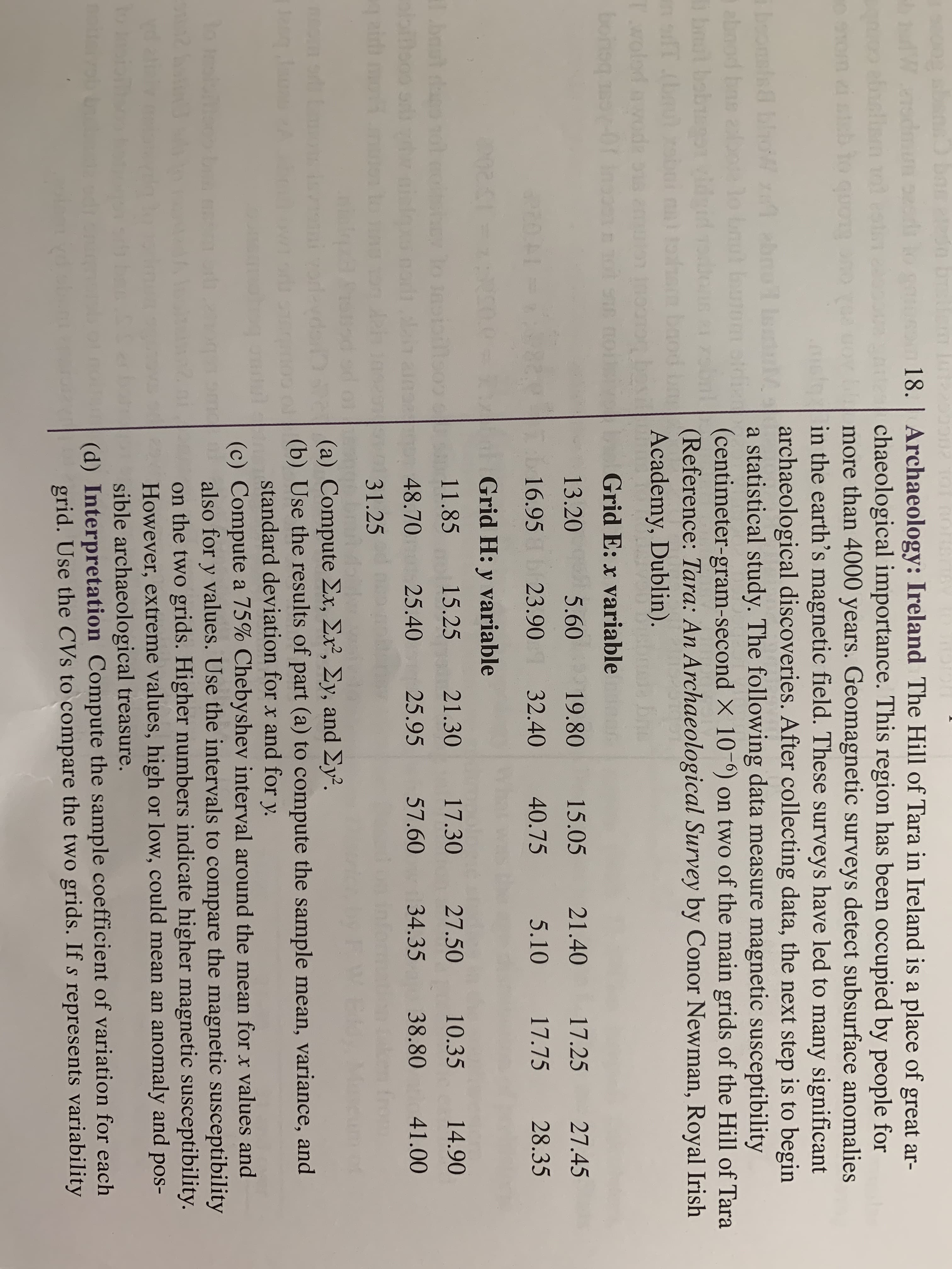 sd02 1o1 a
18. | Archaeology: Ireland The Hill of Tara in Ireland is a place of great ar-
chaeological importance. This region has been occupied by people for
bmore than 4000 years. Geomagnetic surveys detect subsurface anomalies
in the earth's magnetic field. These surveys have led to many significant
archaeological discoveries. After collecting data, the next step is to begin
a statistical study. The following data measure magnetic susceptibility
(centimeter-gram-second X 10-)
(Reference: Tara: An Archaeological Survey by Conor Newman, Royal Irish
Academy, Dublin).
00g sh
O ban
d br
O9
dmn
nlisn
UOB
0U Eronb ou
beomsis o
abood bas
bt bob
boul Is
nuto
two of the main grids of the Hill of Tara
927
am bao
T
ed
bohg
101 Diot sin
Grid E: x variable
13.20
5.60
19.80
15.05
21.40
17.25
27.45
TOA1
16.95 23.90 32.40
40.75
5.10
17.75
28.35
021
Grid H: y variable
11.85
15.25
21.30
17.30
27.50
10.35
14.90
bau
w to
48.70
25.40
25.95
57.60
34.35
38.80
41.00
31.25
(a) Compute 2x, E, 2y, and y
(b) Use the results of part (a) to compute the sample mean, variance, and
standard deviation for x and for y
(c) Compute a 75% Chebyshev interval around the mean for x values and
01 also for y values. Use the intervals to compare the magnetic susceptibility
on the two grids. Higher numbers indicate higher magnetic susceptibility.
However, extreme values, high or low, could mean an anomaly and pos-
sible archaeological treasure.
(d) Interpretation Compute the sample coefficient of variation for each
grid. Use the CVs to compare the two grids. If s represents variability
y.
1

