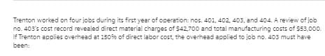 Trenton worked on four jobs during its first year of operation: nos. 401, 402, 403, and 404. A review of job
no. 403's cost record revealed direct material charges of $42,700 and total manufacturing costs of $53,000.
If Trenton applies overhead at 150% of direct labor cost, the overhead applied to job no. 403 must have
been:
