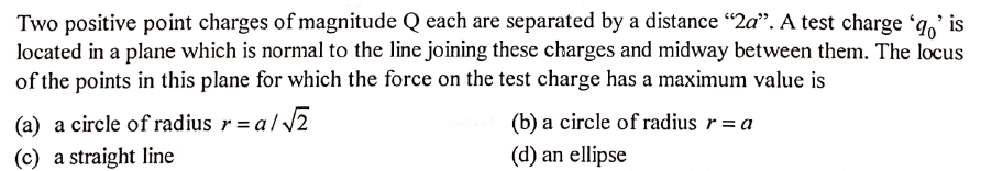 Two positive point charges of magnitude Q each are separated by a distance "2a". A test charge 'q,' is
located in a plane which is normal to the line joining these charges and midway between them. The locus
of the points in this plane for which the force on the test charge has a maximum value is
(a) a circle of radius r = a/ 2
(c) a straight line
(b) a circle of radius r = a
(d) an ellipse
