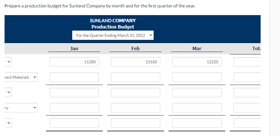 Prepare a production budget for Sunland Company by month and for the first quarter of the year.
rect Materials
ry
V
SUNLAND COMPANY
Production Budget
For the Quarter Ending March 31, 2022 V
Jan
11280
Feb
13160
Mar
12220
Toti