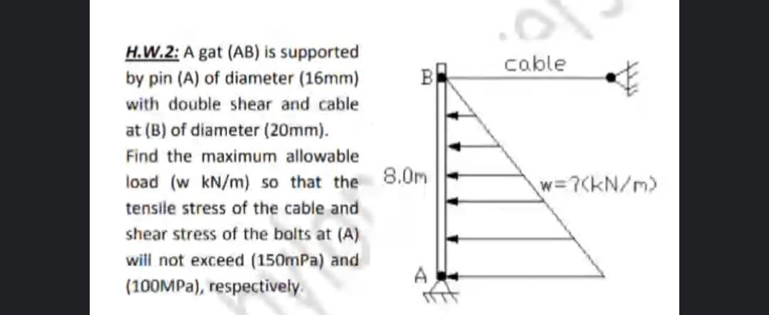 H.W.2: A gat (AB) is supported
by pin (A) of diameter (16mm)
cable
B
with double shear and cable
at (B) of diameter (20mm).
Find the maximum allowable
load (w kN/m) so that the 8.0m
tensile stress of the cable and
w=7(kN/m)
shear stress of the bolts at (A)
will not exceed (150mPa) and
A
(100MPA), respectively.
