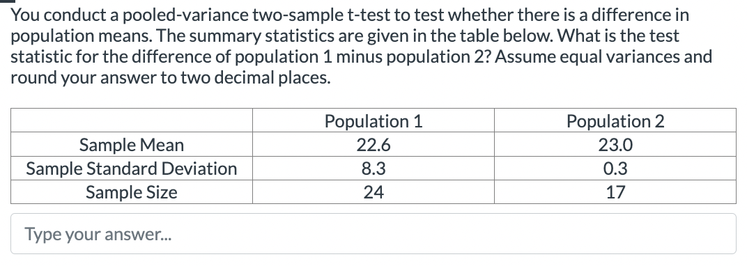 You conduct a pooled-variance two-sample t-test to test whether there is a difference in
population means. The summary statistics are given in the table below. What is the test
statistic for the difference of population 1 minus population 2? Assume equal variances and
round your answer to two decimal places.
Sample Mean
Sample Standard Deviation
Sample Size
Type your answer...
Population 1
22.6
8.3
24
Population 2
23.0
0.3
17