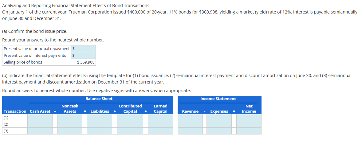 Analyzing and Reporting Financial Statement Effects of Bond Transactions
On January 1 of the current year, Trueman Corporation issued $400,000 of 20-year, 11% bonds for $369,908, yielding a market (yield) rate of 12%. Interest is payable semiannually
on June 30 and December 31.
(a) Confirm the bond issue price.
Round your answers to the nearest whole number.
Present value of principal repayment $
Present value of interest payments $
Selling price of bonds
(b) Indicate the financial statement effects using the template for (1) bond issuance, (2) semiannual interest payment and discount amortization on June 30, and (3) semiannual
interest payment and discount amortization on December 31 of the current year.
$369,908
Round answers to nearest whole number. Use negative signs with answers, when appropriate.
Balance Sheet
Transaction Cash Asset +
(1)
(2)
(3)
Noncash
Assets
= Liabilities +
Contributed
Capital
+
Earned
Capital
Revenue
Income Statement
- Expenses
=
Net
Income