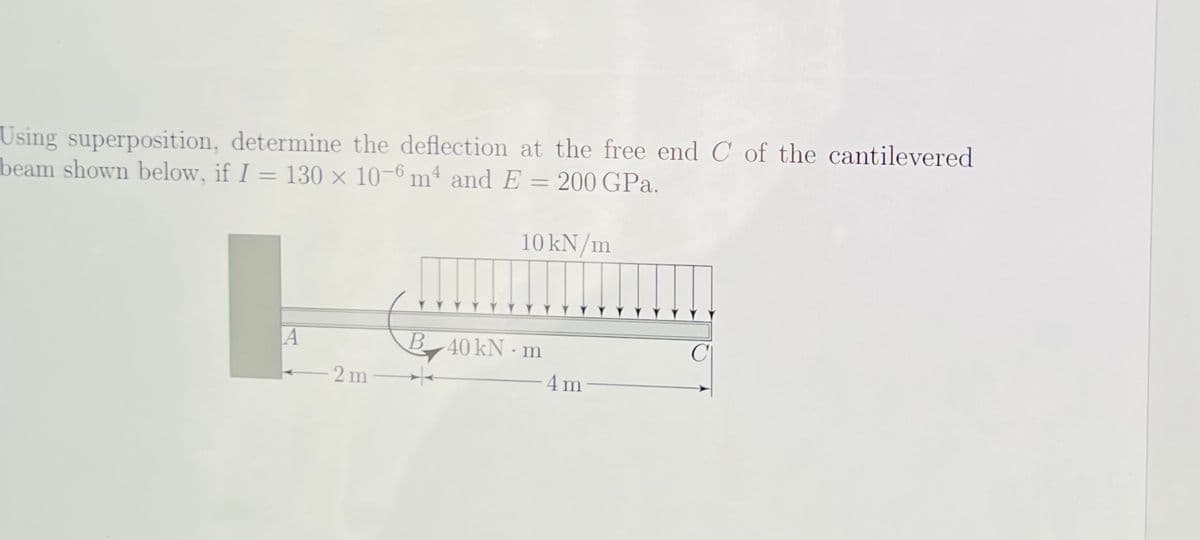 Using superposition, determine the deflection at the free end C of the cantilevered
beam shown below, if I = 130 x 10-6 m² and E = 200 GPa.
A
2 m-
10 kN/m
B 40 kN m
4m
CI