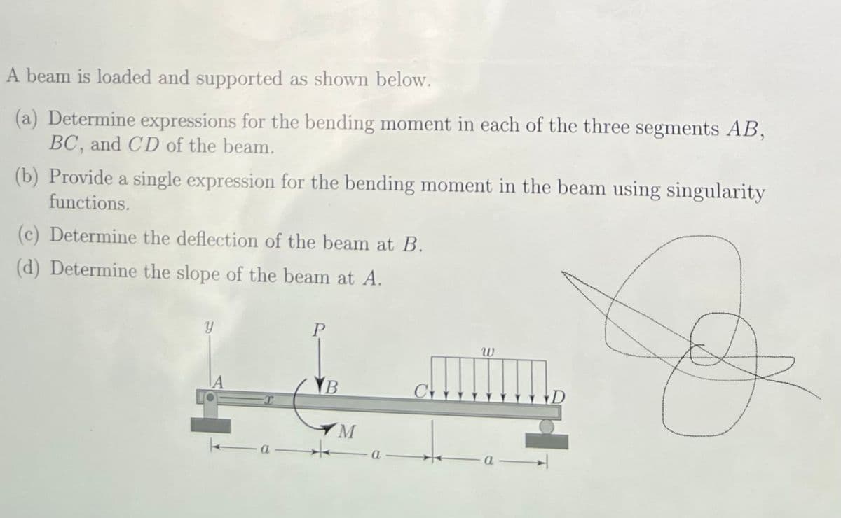 A beam is loaded and supported as shown below.
(a) Determine expressions for the bending moment in each of the three segments AB,
BC, and CD of the beam.
(b) Provide a single expression for the bending moment in the beam using singularity
functions.
(c) Determine the deflection of the beam at B.
(d) Determine the slope of the beam at A.
P
B
M
a
W