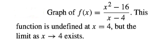 x2 – 16
This
Graph of f(x) =
%3D
x – 4
4, but the
function is undefined at x =
limit as x → 4 exists.
