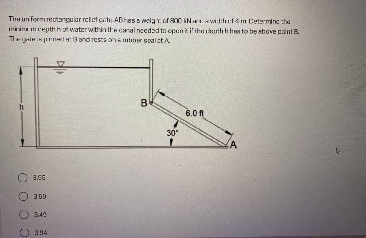 The uniform rectangular relief gate AB has a weight of 800 kN and a width of 4 m. Determine the
minimum depth h of water within the canal needed to open it if the depth h has to be above point B.
The gate is pinned at B and rests on a rubber seal at A.
B
6.0 ft
3.95
3.59
3.49
3.94
30°
A
D